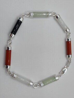 Bracelet-Jade Bar Links  Multicolors 7" Long Sterling Silver 925